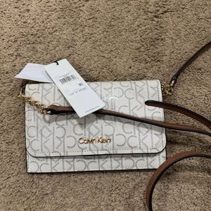 Calvin Klein Monogram White and Tan Crossbody Bag